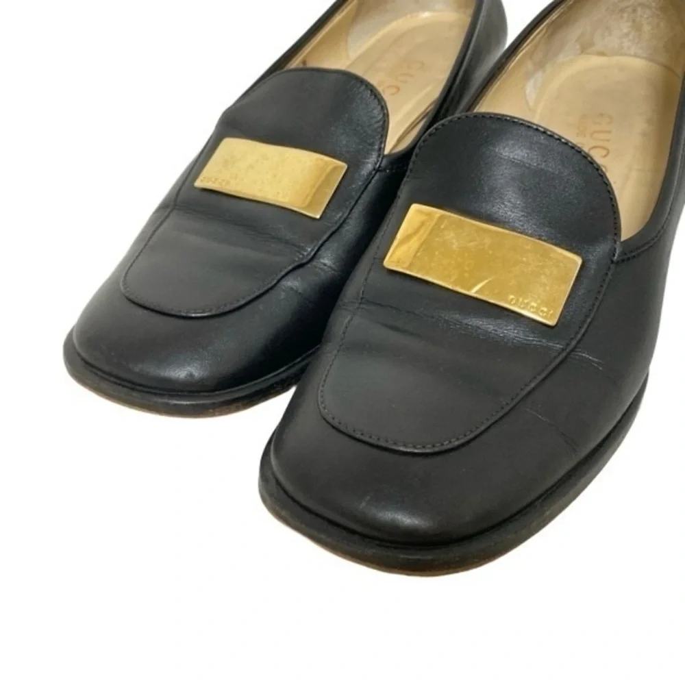Gucci Black Leather Gold Plaque Loafers Vintage Women’s Size 6